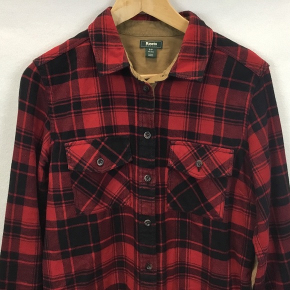 Roots Canada Buffalo Check Plaid Lumberjack Flannel Shirt Elbow Patches Size S - Picture 5 of 13